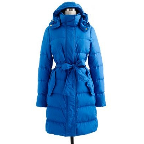 J.CREW Azure Blue Belted Down Hooded Puffer Coat